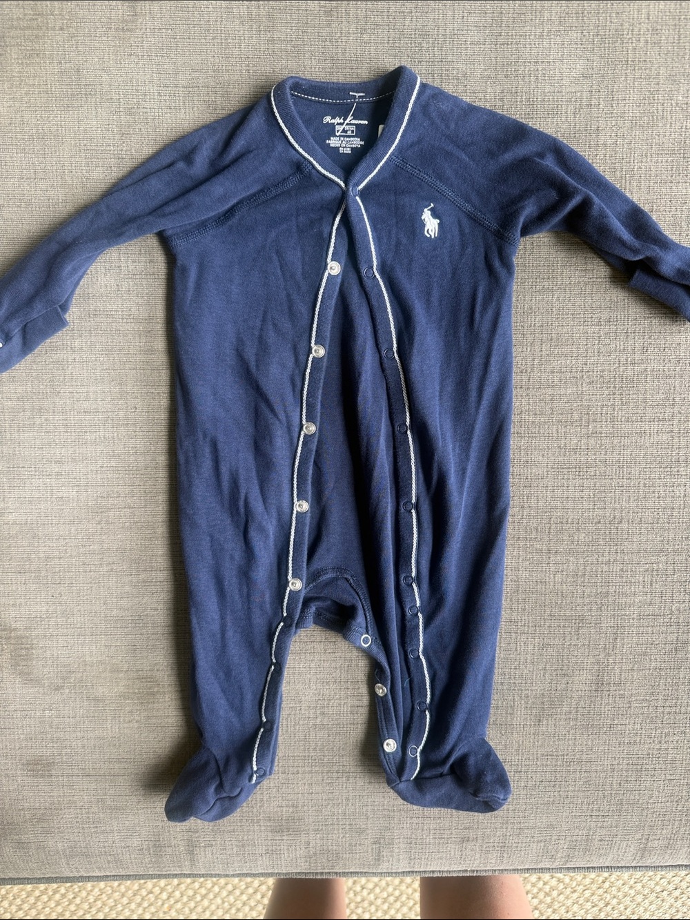 Ralph Lauren Navy Blue Footed Baby One-Piece with White Trim 3m